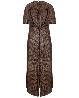 concept A trois Golden Plisse Midi Dress With Closure With Staples - Brown