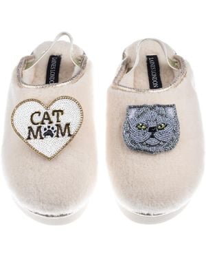 Laines London Neutrals Flatform Cloud Slippers With Persian Cat & Cat Mum Mom Brooches - Multicolour