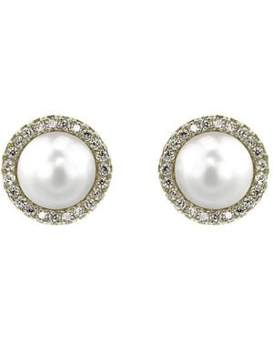 VicStoneNYC Fine Jewelry Natural Akoya Pearl And Diamond Stud Earrings With Screw Back - Metallic