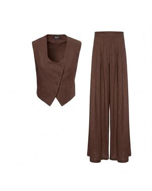 BLUZAT Linen Set With Fitted Vest And Wide-Leg Trousers - Brown