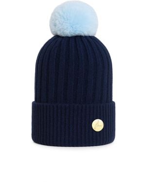 Hortons England Ribbed Cashmere Beanie With Pom Pom - Blue