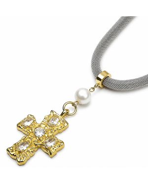 Kirei Cipher – Stainless Steel Mesh Necklace With Cross, Shell Pearl & Cubic Zirconia - Metallic