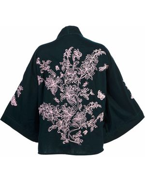 Artemis Muse Wild Flowers & Butterflies & Velvet Embroidered Short Kimono - Blue