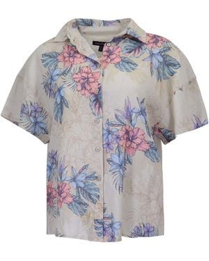 lords of harlech Neutrals Lara Exotic Floral Natural Linen Printed Shirt - Grey