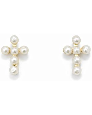 Pearl Code Cross Pearl Stud Earrings - Metallic