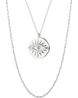 Spero London Eye Coin & Rectangular Chain Sterling Evil Eye Necklace Set - Metallic