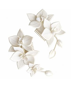 Yeva Sebastia Satin Orchid Bridal Hair Comb - White