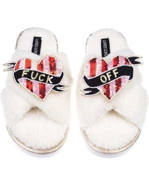 Laines London Neutrals Neutral Boucle Slippers With & Fuck Off Heart Brooches - White