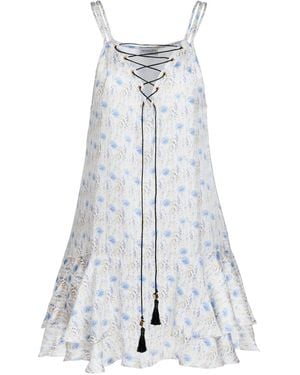 Modallica Bella Printed 100% Organic Peace Silk Mini Dress With Blue Flowers - Gray