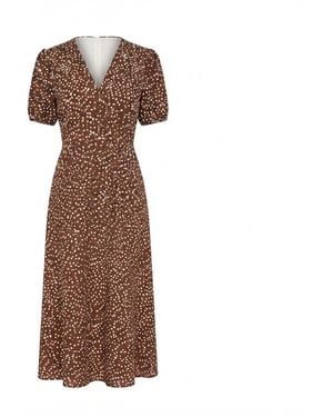 Yumi' Spot Midi Dress With Split Hemline - Brown