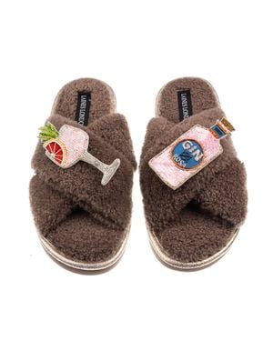 Laines London Neutrals Laines Neutral Boucle Slippers With Rosa & Grapefruit Gin Brooches - Brown