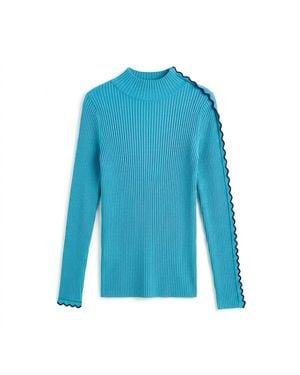 Arto. Two Tones Ribs Mock Neck Top- Aqua.Jpg - Blue