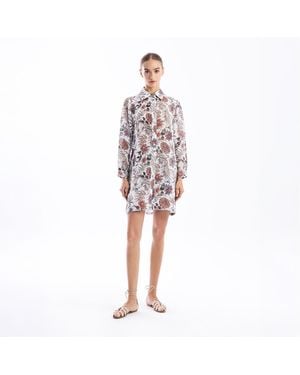 Haris Cotton Longline Printed Linen Blend Shirt With Long Sleeves Garden - Red