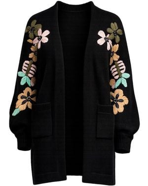 Tantra Spain Sl Long Knit Jacket With Embroidered Flowers On The Sleeves And Front Pockets - Black