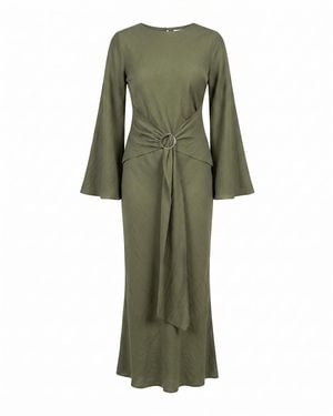 Tantra Spain Sl Long Fitted Dress With Long Sleeves And Adjustable Metallic Hoop Waistband Kakhi - Green