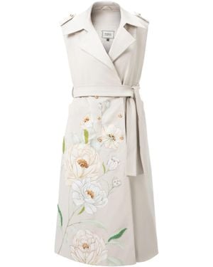 Rondooz Hand Painted Water Resistant Cotton Belted Midi Dress With Hand Applied Embellishment - White