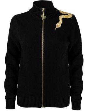 House of Laines London Laines Couture Cashmere-Wool Zip Cardigan With Hand-Embellished Shoulder Snake - Black