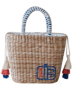 LIKHÂ Neutrals Handwoven Seagrass Sardine Can Tote Bag With Tassels - Blue