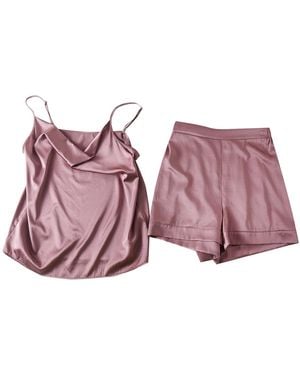 Soft Strokes Silk Pure Mulberry Silk Cowl Neck Camisole And High Waist Shorts Set - Purple