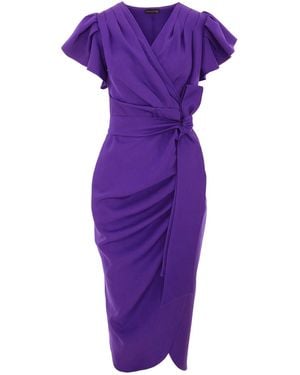 concept A trois Ultra Wrap Cocktail Dress With Wing Sleeves & Ruffles - Purple