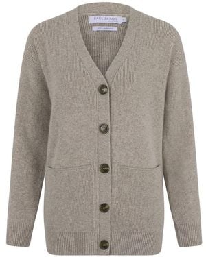 Paul James Knitwear Neutrals Lambswool V Neck Ribbed Layla Cardigan With Pockets - Grey