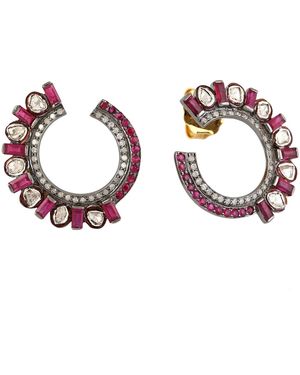 Artisan Ruby & Diamond Hoop Earrings - Metallic