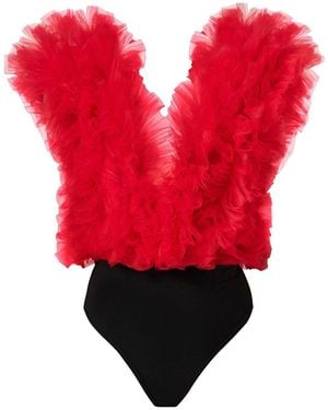 LIA ARAM Signature Ruffled Tulle Bodysuit - Red