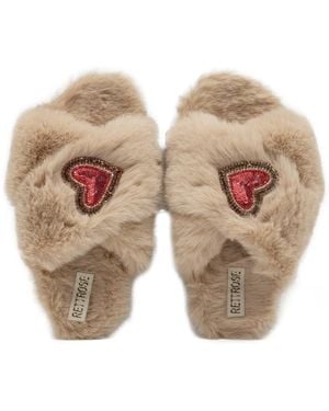 Rettrose Neutrals Amour Mink Luxury Plush Diamanté Heart Embellished Handmade Slipper - Natural