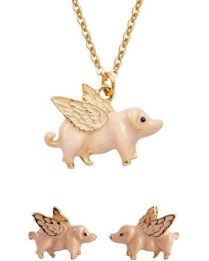 Fable England Flying Pig Necklace & Stud Earrings Set - White
