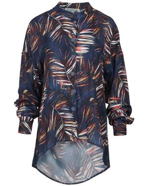 Conquista Leaf Print Blouse With Mandarin Collar - Blue