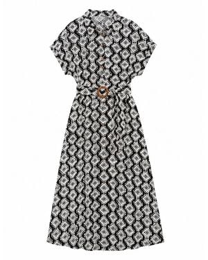 Yumi' Viscose Midi Shirt Dress With Matching Belt - Black