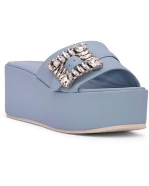 Beautiisoles by Robyn Shreiber Made in Italy Dita Baby Leather Slide Mule Espadrille Sandal Comfortable & Elegant For Work & Evening & Party Sandal - Blue