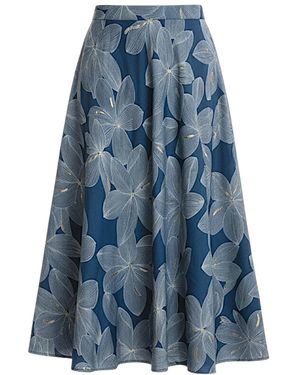 Stovaria Ankle-Length Cotton A Line Skirt – Bold Botanicals On Deep - Blue