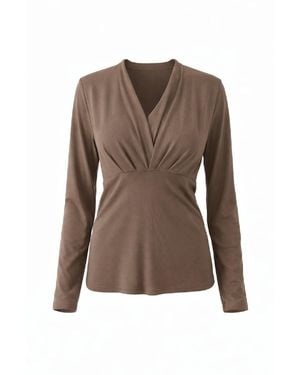 Conquista Elegant Long-Sleeve V-Neck Top With Empire Waist - Brown