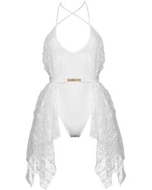 ANTONINIAS Sumptuous Deep V One-Piece Swimsuit With Side Lace Detail And A Belt - White