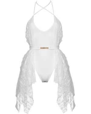 ANTONINIAS Sumptuous Deep V One-Piece Swimsuit With Side Lace Detail And A Belt - White
