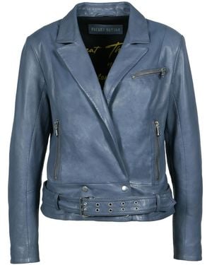 Freaky Nation Leather Biker Jacket Graphite - Blue