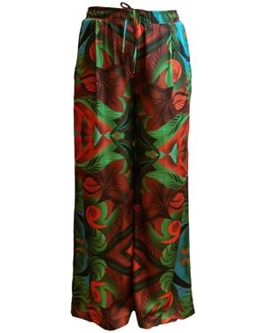 Janara Jones Autumn Paisley Print Satin Wide Legged Oversized Pants - Green