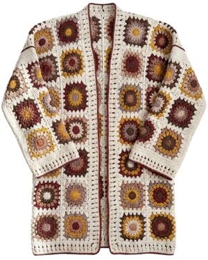 Ana Chic Cream Sunburst Handmade Crochet Longline Cardigan - Brown