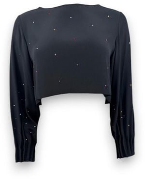 Monzlapur New York Cropped Silk Top With Pleated Cuffs & Crystals - Blue