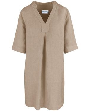 Haris Cotton Neutrals Linen Dress With Notched Neckline Beach Sand - Natural