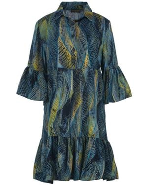 Conquista Azure Feather Print Viscose Dress - Blue