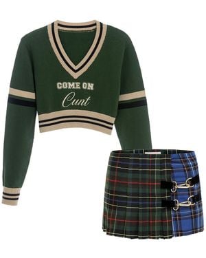 Come on Cunt Sweater With Jack Mini Tartan Skirt Outfit - Green