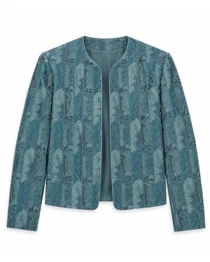 Stovaria Layered & Embroidered Pure Silk Statement Jacket - Blue
