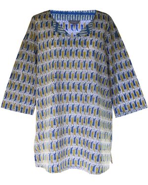 Lime Tree Design And Mustard Fish Block Print Tunic Top - Blue