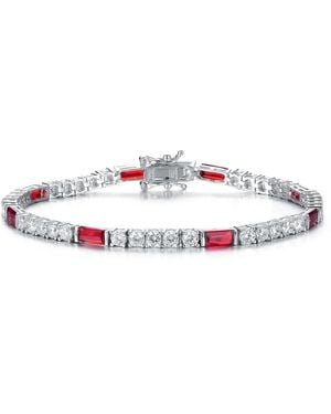 Genevive Jewelry Genevive Sterling Plated With Clear & Ruby Cubic Zirconia Patterned Tennis Bracelet - Metallic