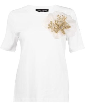Laines London Neutrals Laines Couture Embellished Organza Ocean Shell Brooch T-Shirt - White
