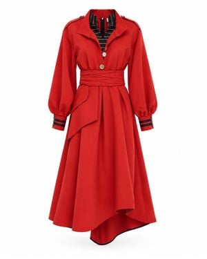 Julia Allert Double-Collar Belted A-Line Midi Dress – - Red