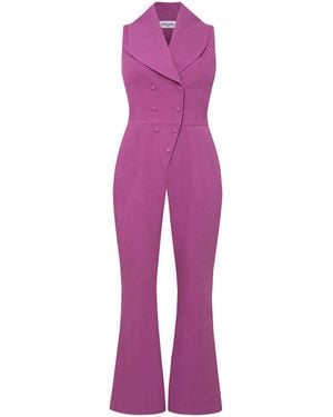Femponiq Double Breasted Shawl Lapel Jumpsuit - Purple