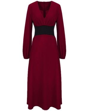BLUZAT Burgundy Midi Dress With Defined Waist - Red
